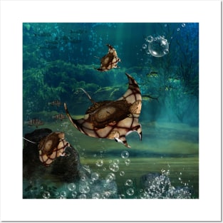 Awesome steampunk manta ray in the deep ocean Posters and Art